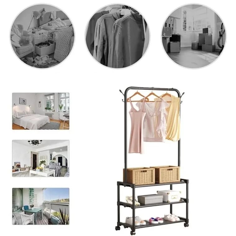 A A Multifunctional Cloth Rack with Shoe Stand is Used for Hanging Cloths and Arranging Shoes.