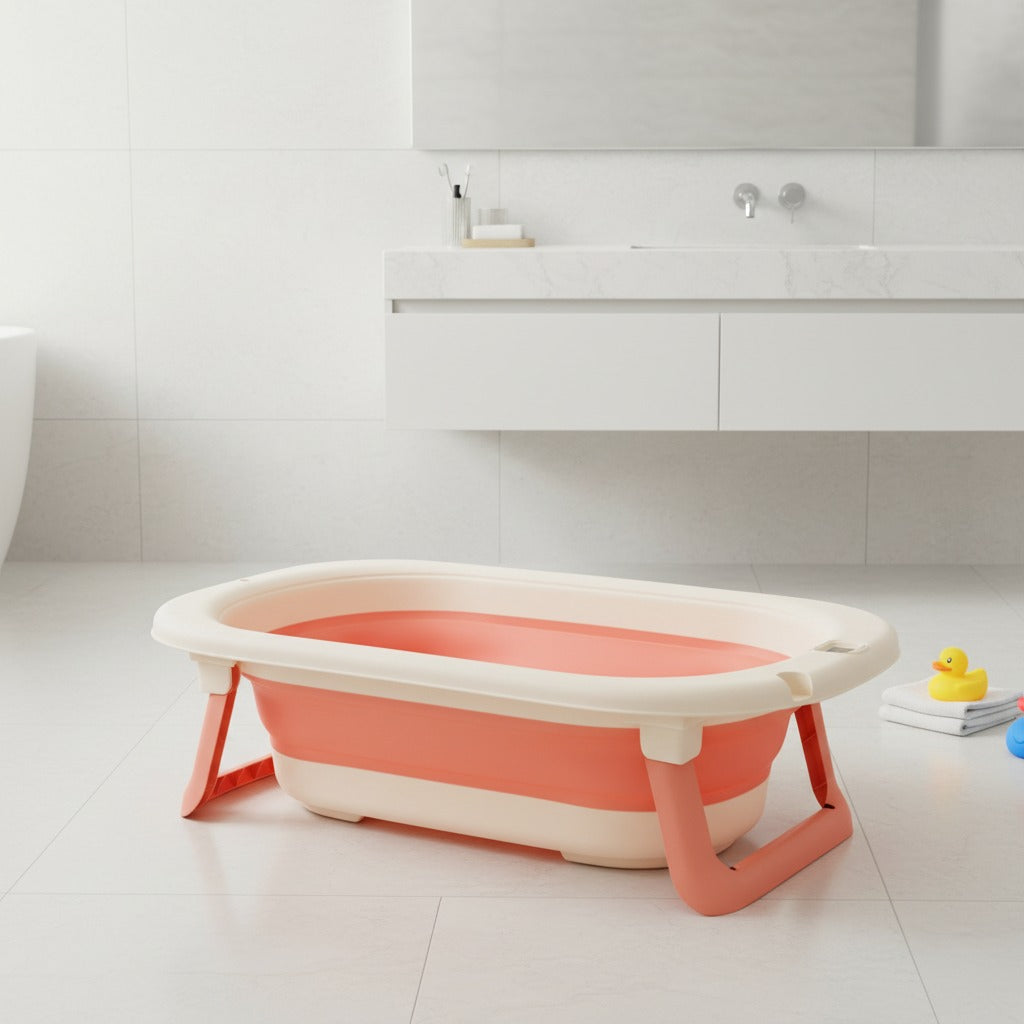 A Newborn bathtub is arranged in a bathroom.