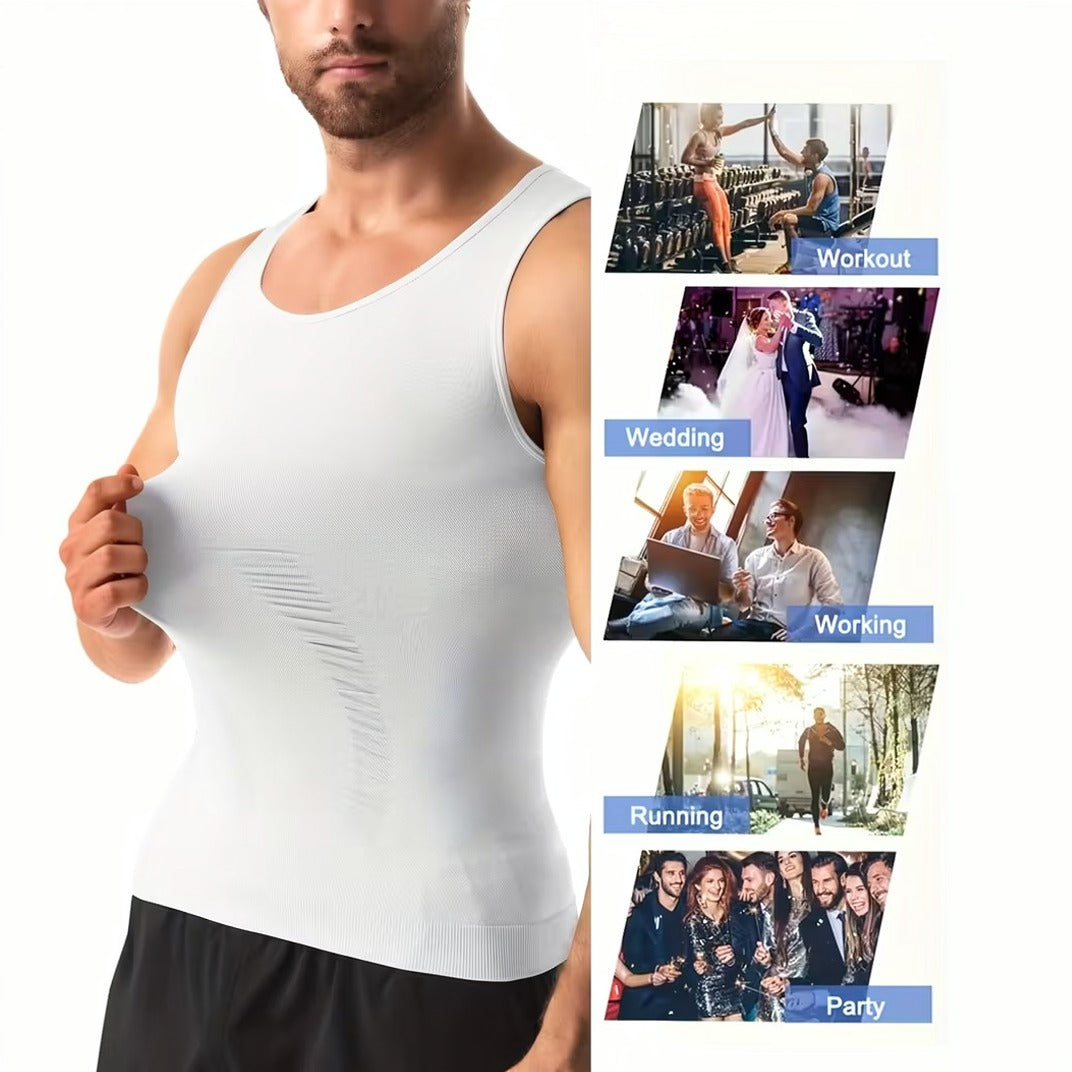 A Person is wearing Men’s Slimming Compression Shaper Vest and a collage shows its usage scenarios