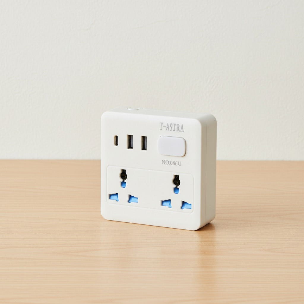 A Power Socket with USB & Type-C Fast Charging is Placed on a table.