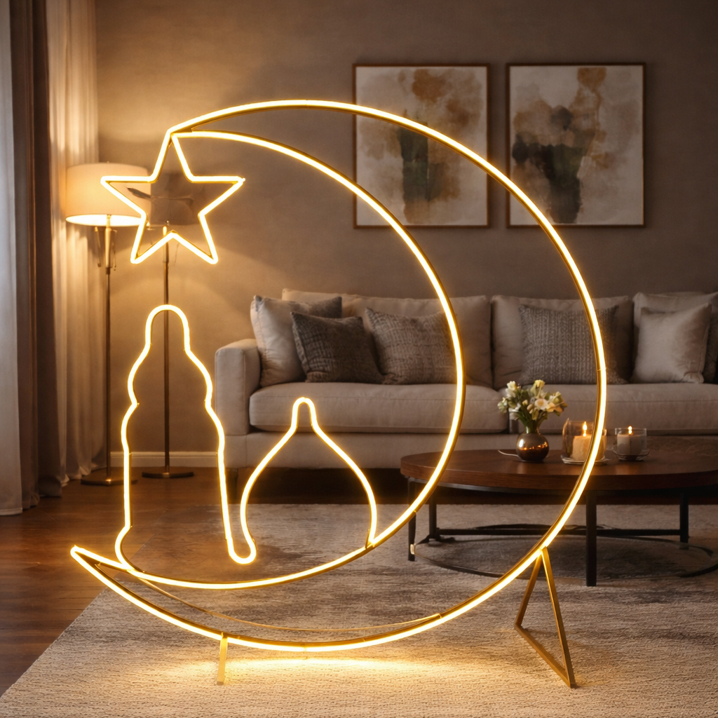 A Ramadan Moon & Star LED Light is Set Down in a Living Area.