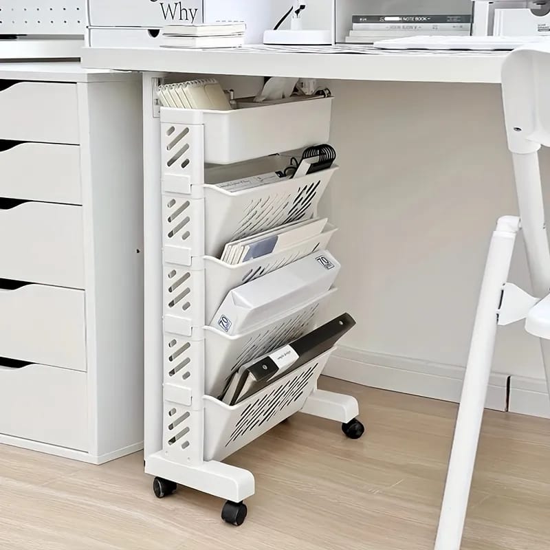 A Rolling Bookshelf Rack Is Organized with Books.