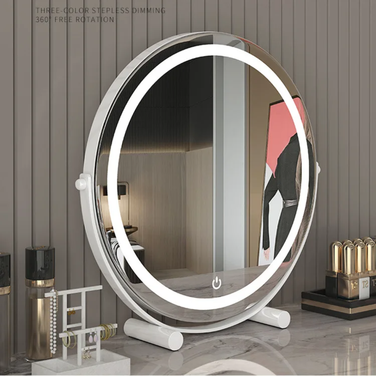 A Round LED Makeup Mirror is Placed on a Makeup Table.