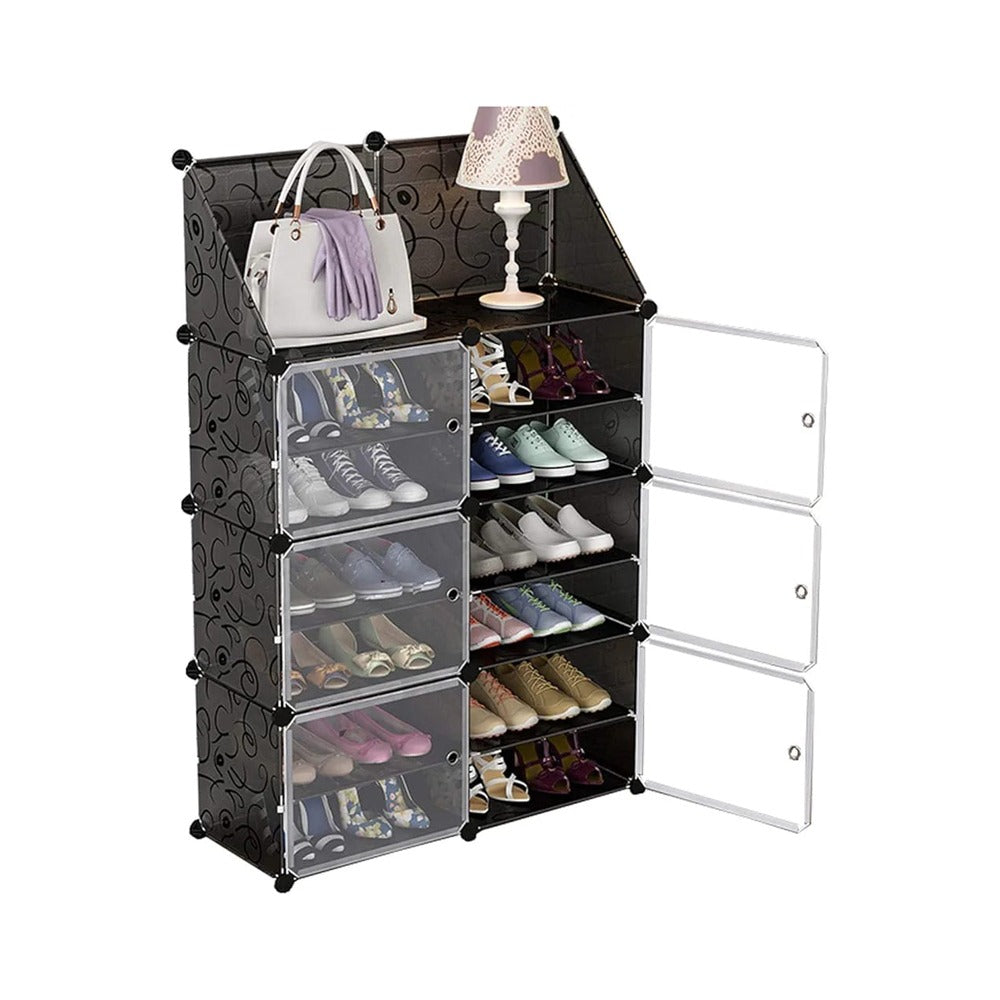 A Shoe Storage Cabinet with Shoes are Organized in it.