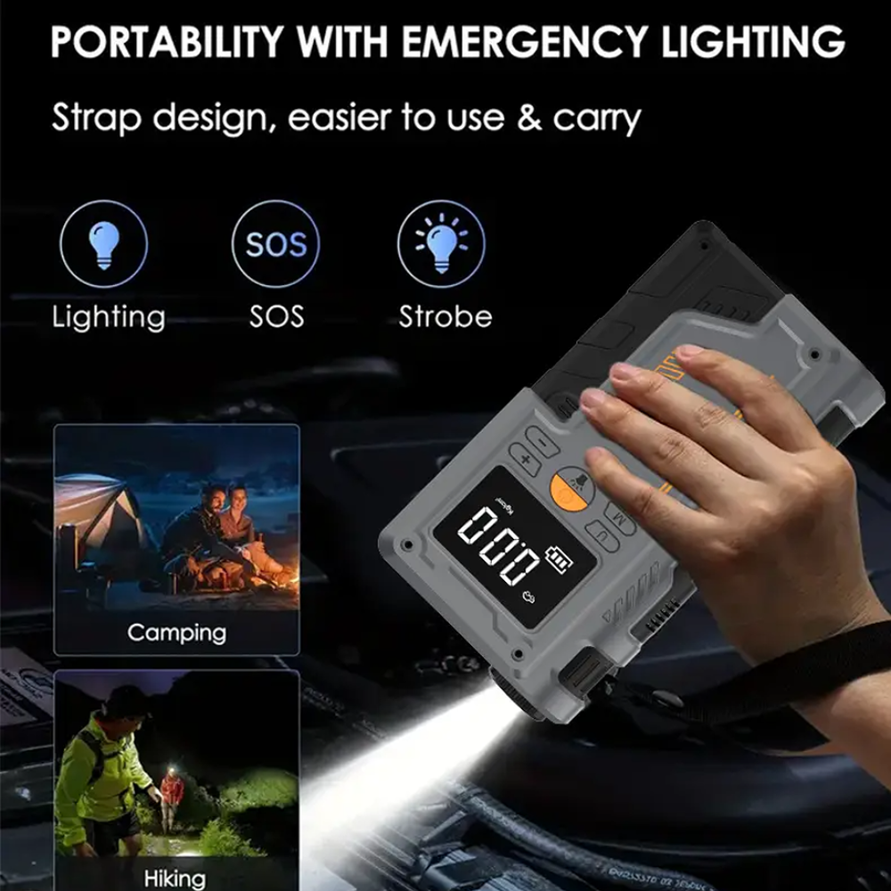 A Person is Holding A Smart Air Pump Machine & Car Jump Starter.