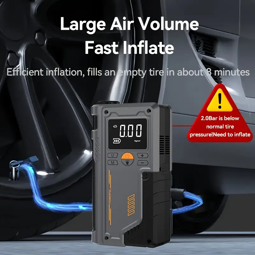 A Smart Air Pump Machine & Car Jump Starter is Connected to Car Tire.