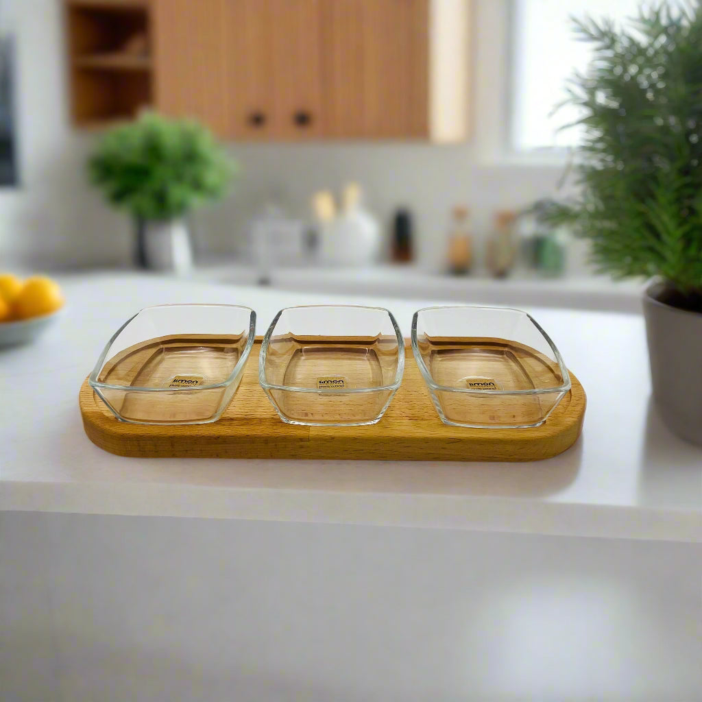 A Snack Serving Tray with Wooden Base.