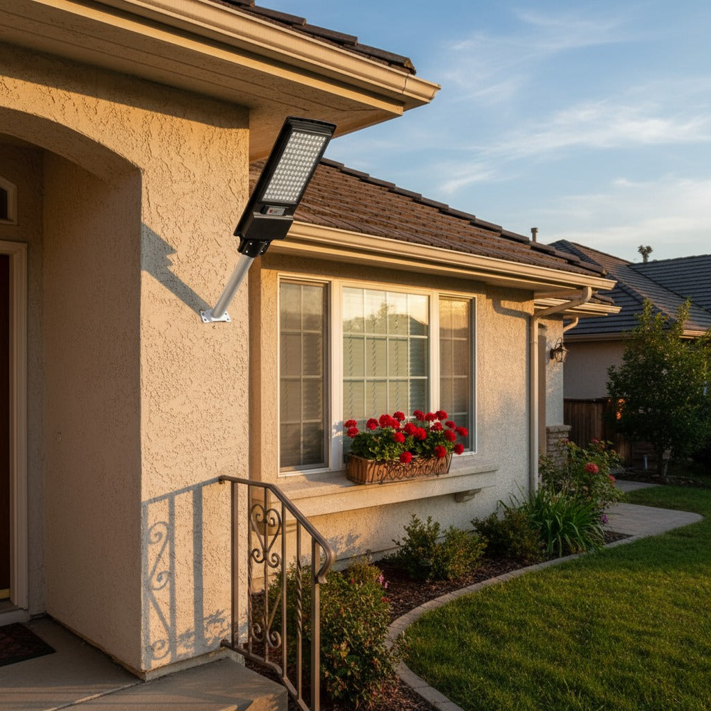 A Solar LED Street Light illuminates the side of a modern house