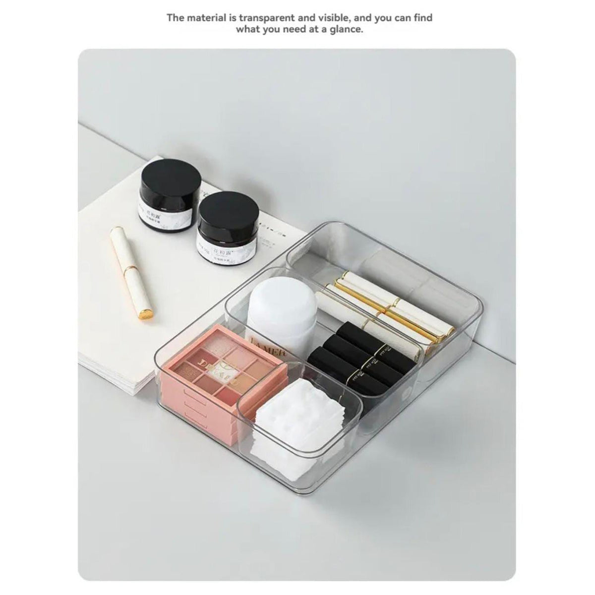 A A Storage Organizer Tray is Organized with Cosmetic Essentials.