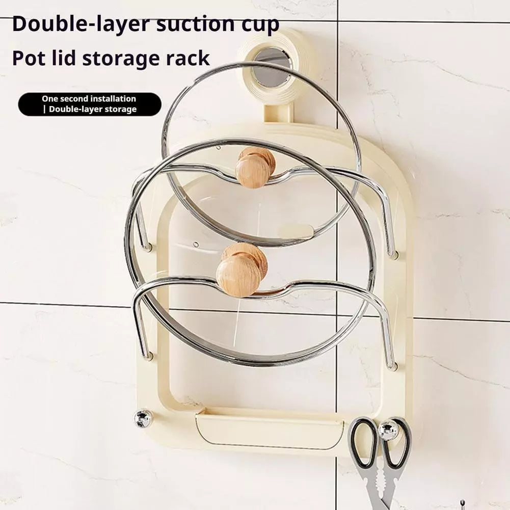 A Suction Cup Pot Lid Holder With Lids Attached on the Wall.