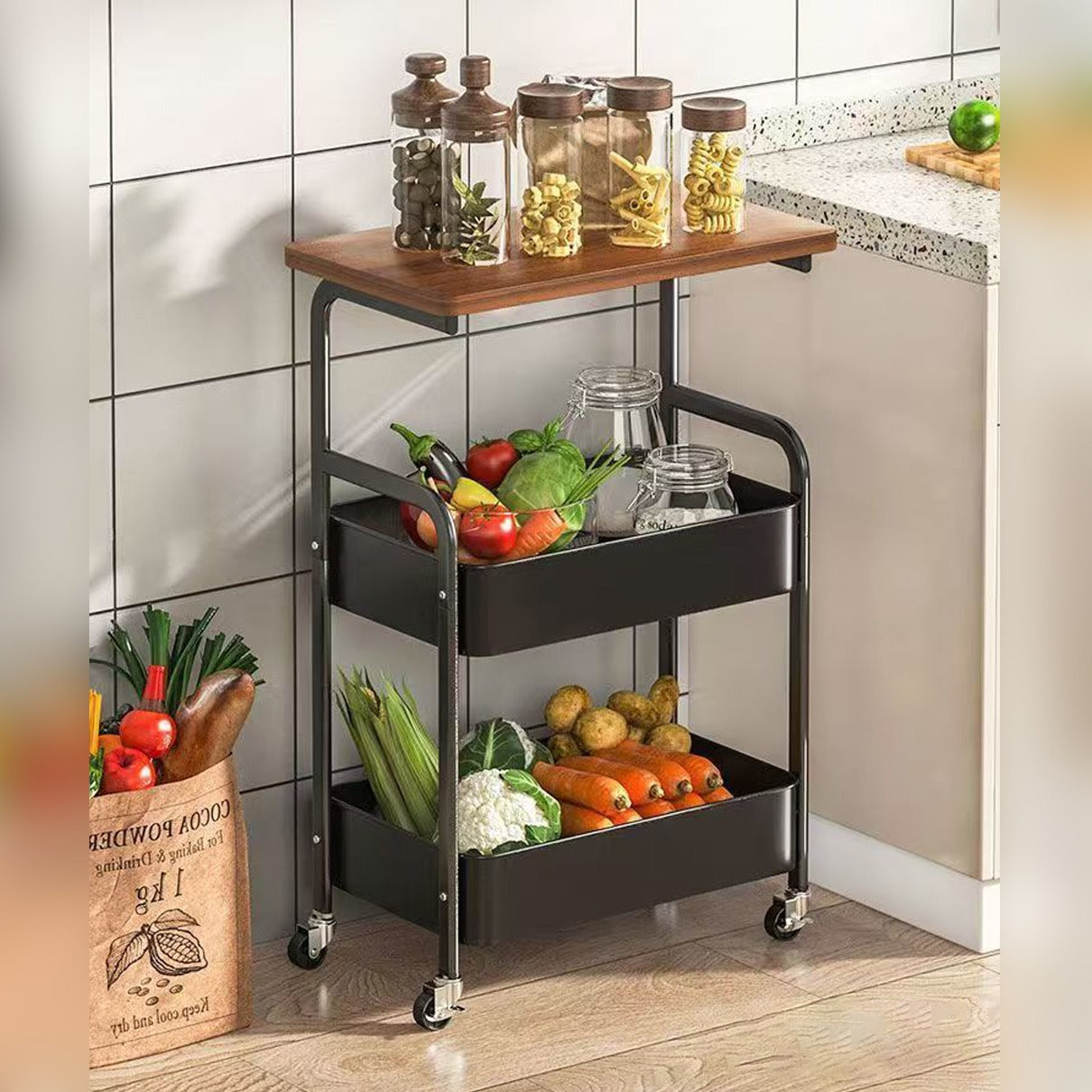A Vintage Mobile Multi-Function Side Tables Organized with Vegetables and Spices.