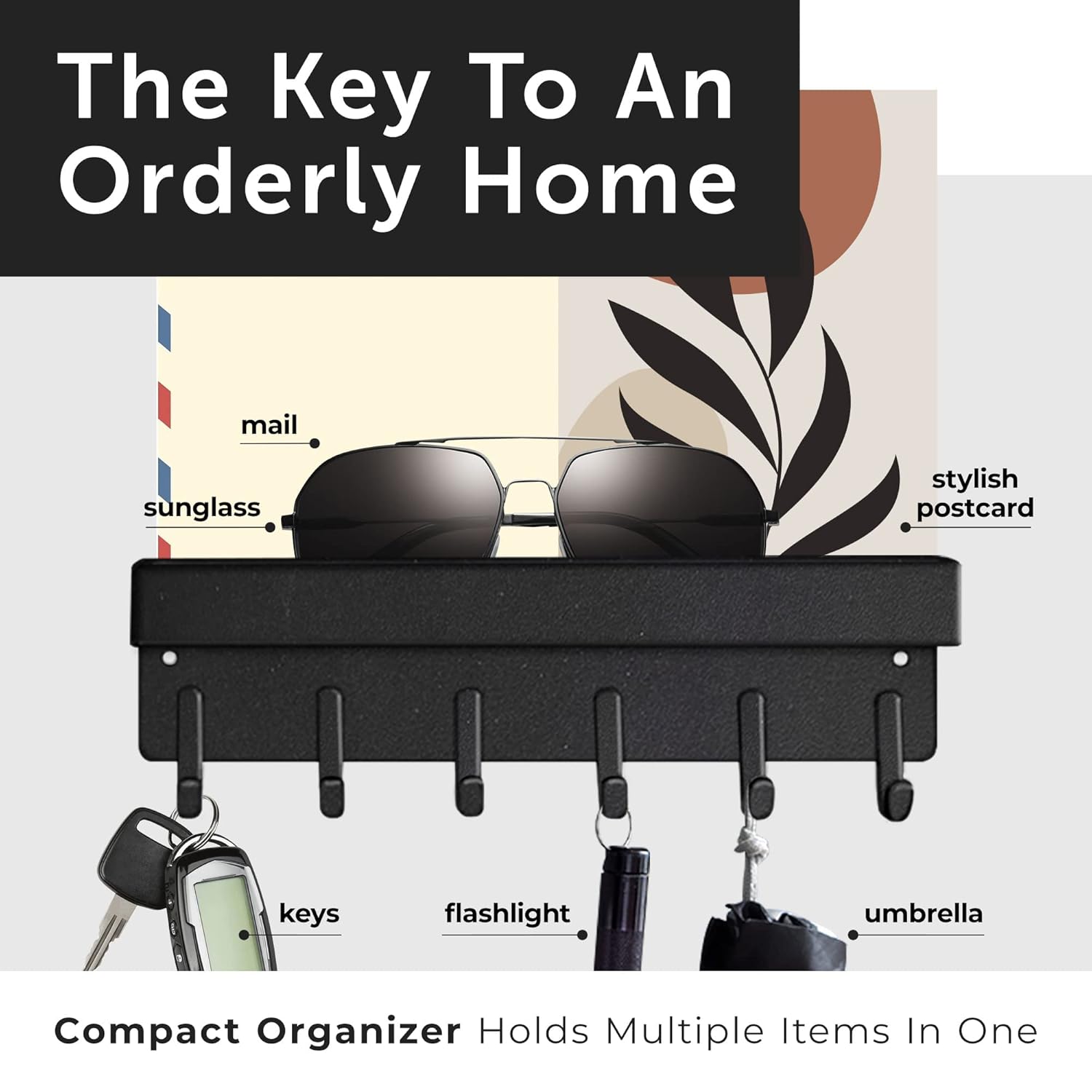A Wall Mounted Key Holder with Storage Organizer is Organized with Various Essentials.