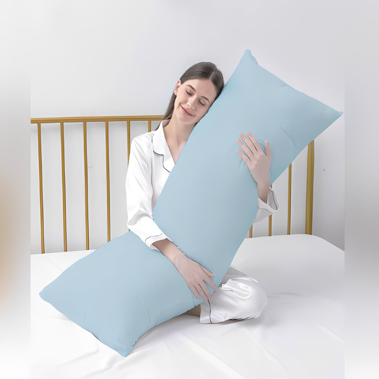 A Woman is Holding and Hugging Body Pillow.