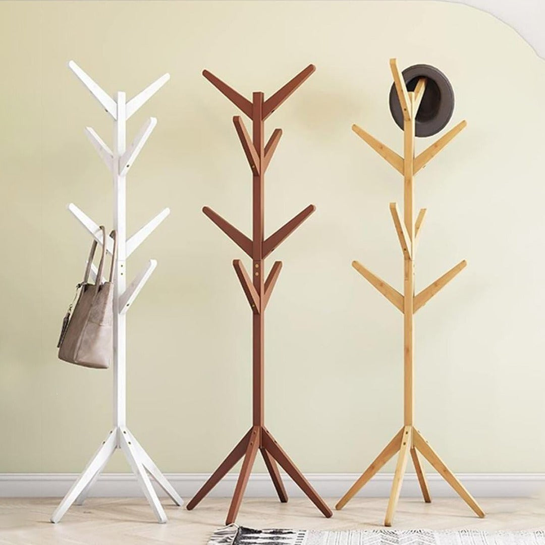 Three Variants Of Wooden Cloth Hanger Stand with Cloth and Hat On it