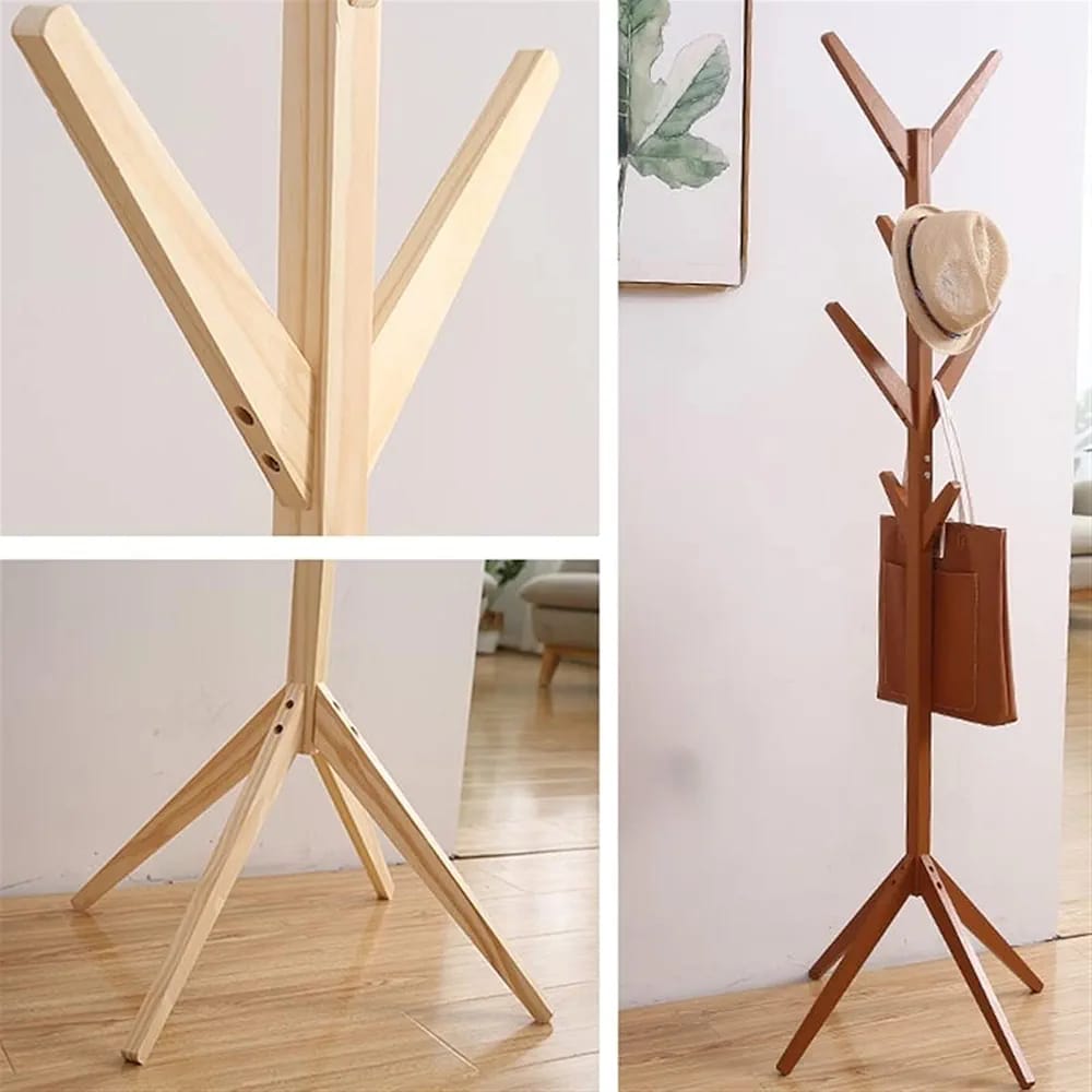A A Wooden Cloth Hanger Stand with Bag and Hat On it.