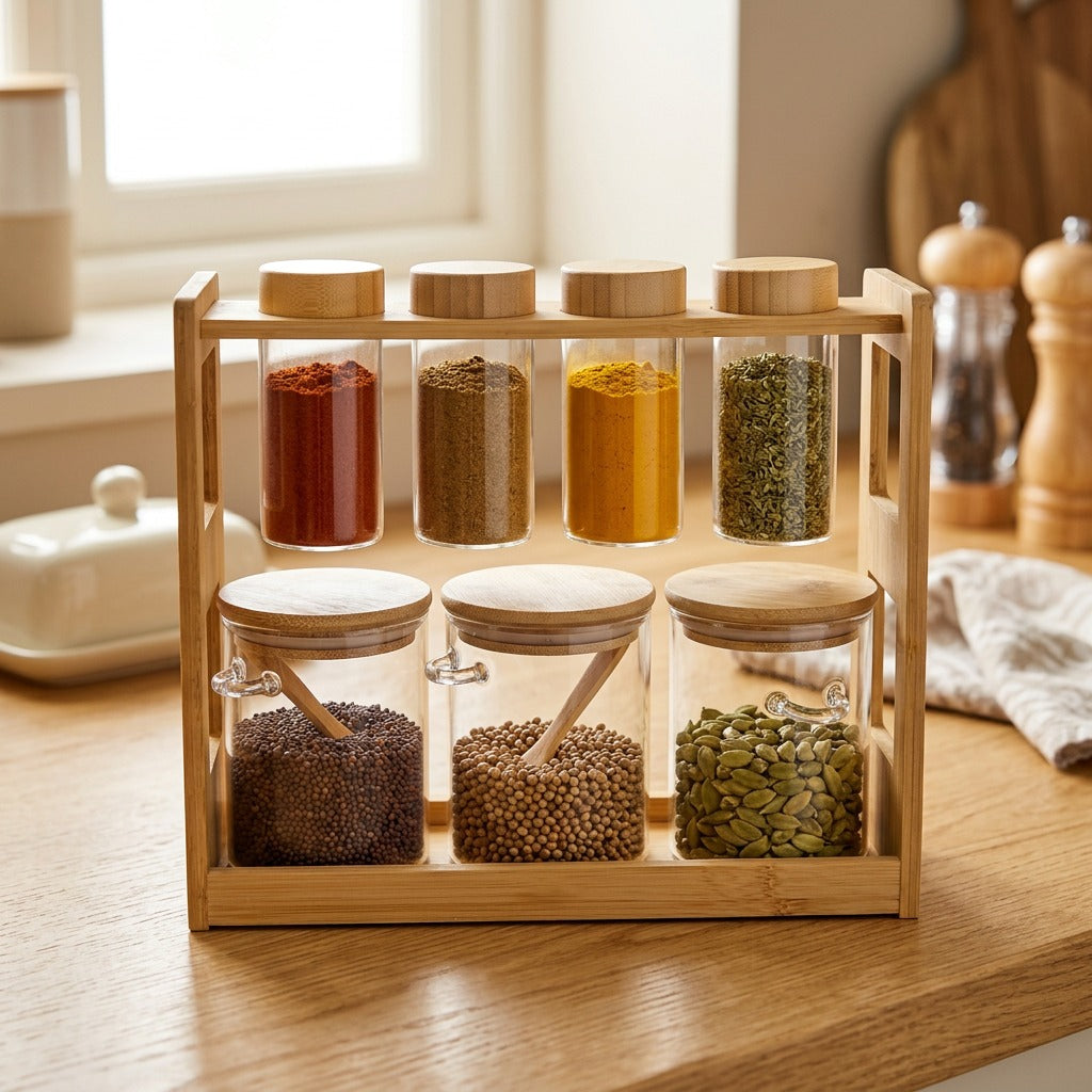 A bamboo spice rack organizer with glass jars, neatly displaying assorted spices and herbs with wooden lids and scoops for stylish kitchen storage.