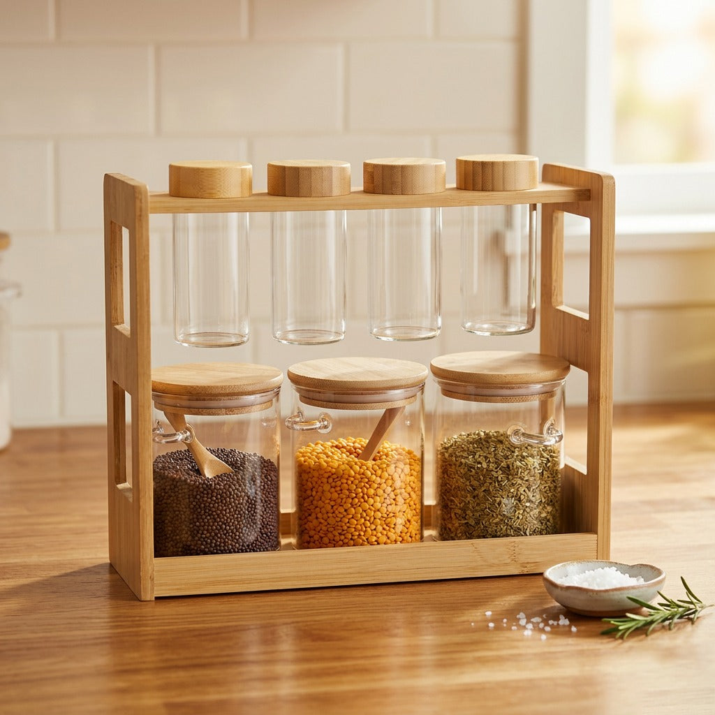 A bamboo spice rack organizer with glass jars, neatly displaying assorted spices and herbs with wooden lids and scoops for stylish kitchen storage.