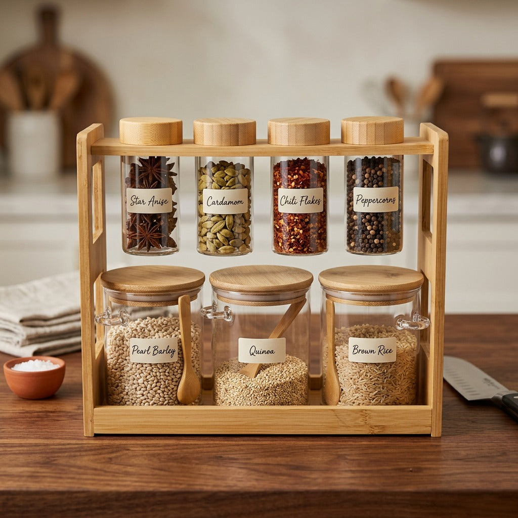 A bamboo spice rack organizer with glass jars, neatly displaying assorted spices and herbs with wooden lids and scoops for stylish kitchen storage.