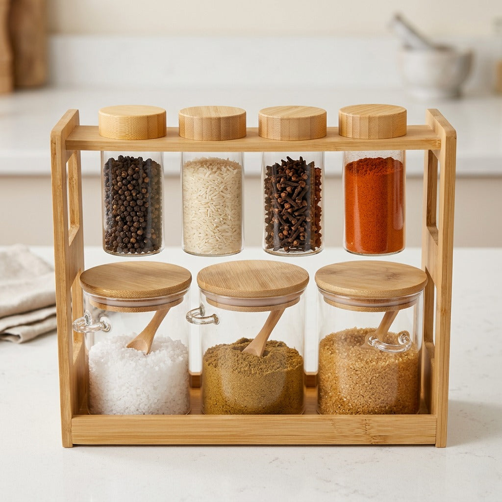 A bamboo spice rack organizer with glass jars, neatly displaying assorted spices and herbs with wooden lids and scoops for stylish kitchen storage.