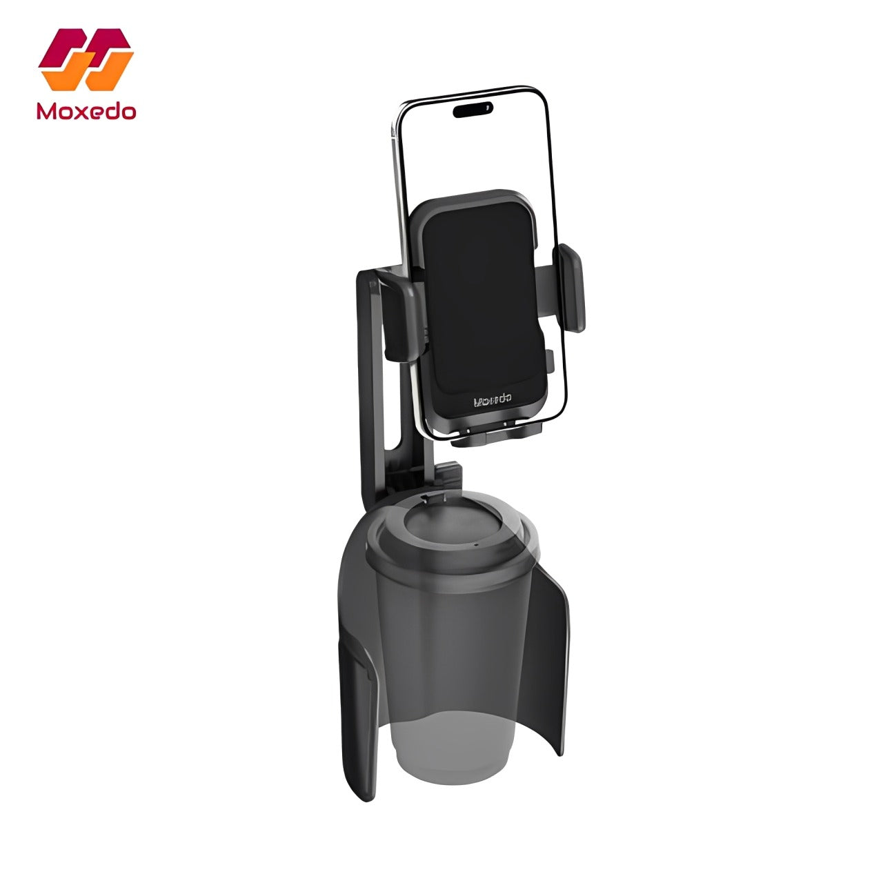 A car cup-holder phone mount holding a smartphone above a coffee cup holder.