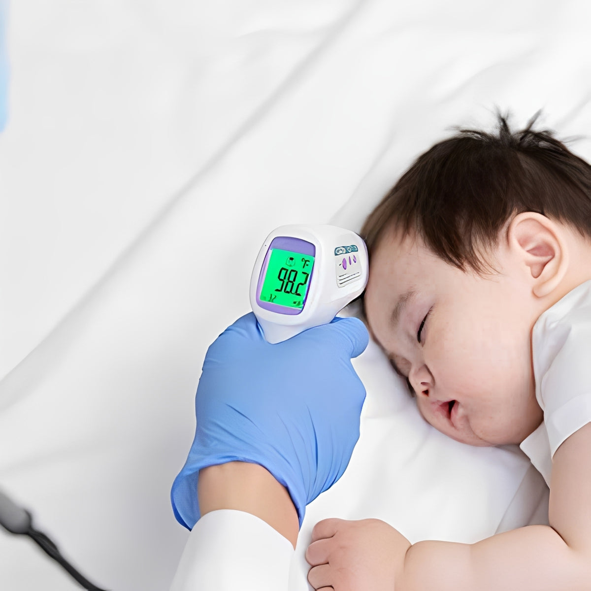 A digital infrared thermometer with an LCD display showing temperature, positioned near a sleeping child holding a teddy bear, highlighting safe and contactless temperature measurement.
