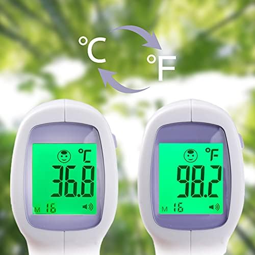 A handheld digital infrared thermometer with a backlit LCD screen displaying temperature readings.