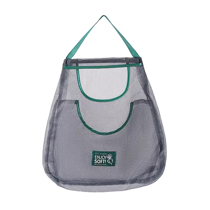 A hanging mesh storage bag with multiple compartments.