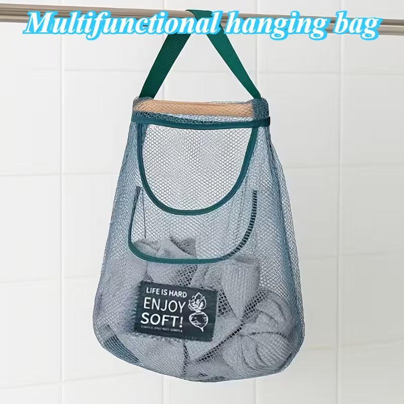 A mesh hanging storage bag with a wide strap, suspended from a rod.
