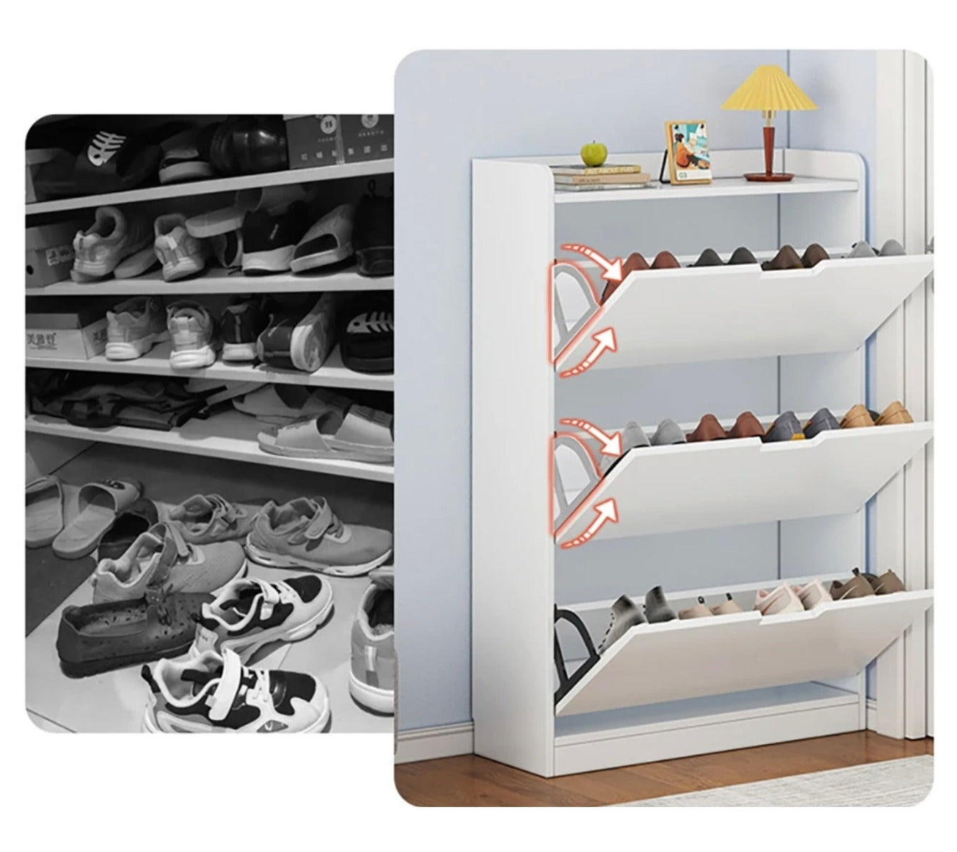 Before and After Usage of A modern shoe cabinet with flip drawers featuring a clean, minimalist design and a flat countertop for added functionality. 