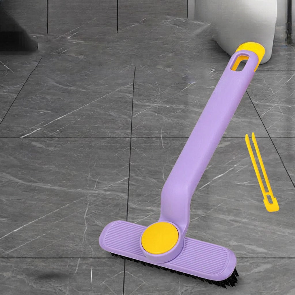 A multi-function rotating cleaning brush with an adjustable head is scrubbing tiles.