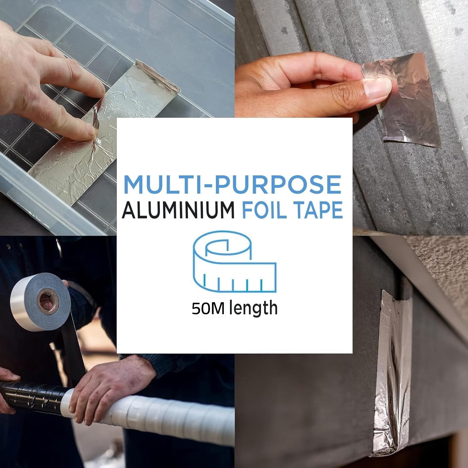 A multi-purpose aluminum foil tape shown being applied to different surfaces like plastic, metal, and pipes for sealing and repair.