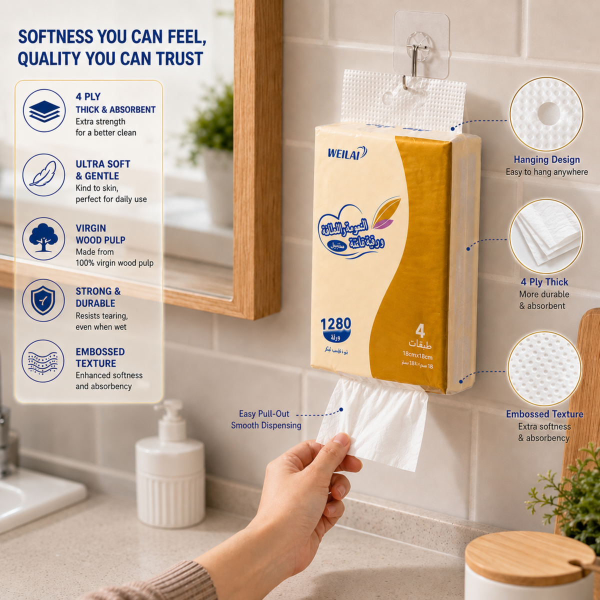 A pack of Weilai Ultra Soft & Gentle 4ply paper towels hanging from a wall hook and a hand is pulling it.