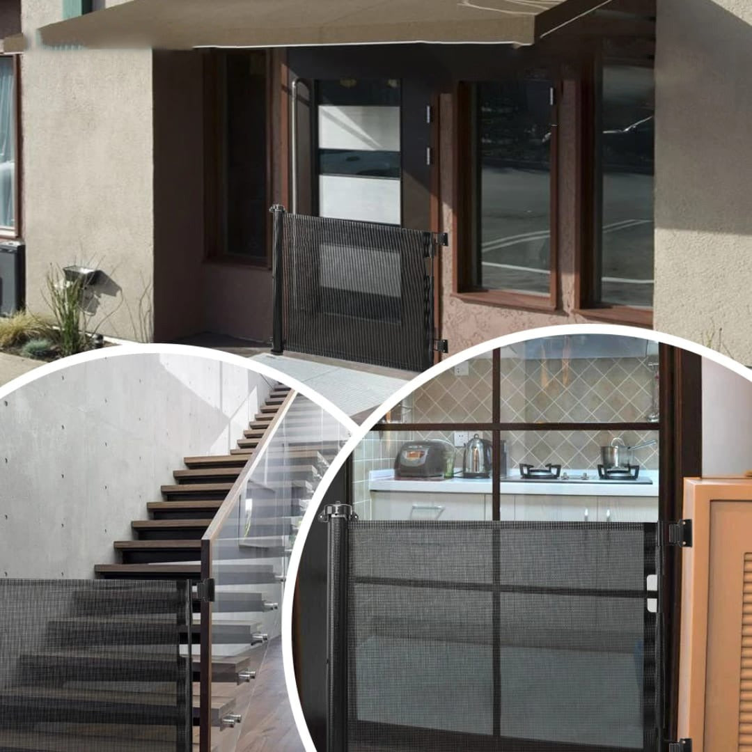 A retractable baby and pet safety gate positioned at multiple areas.