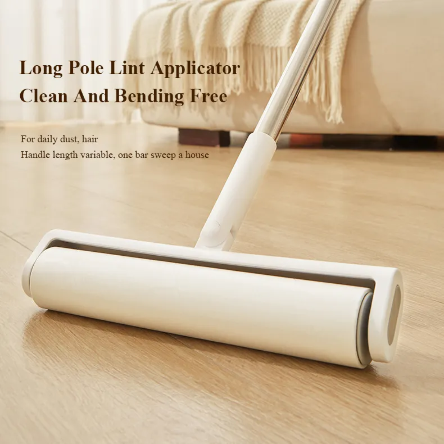 A reusable dust and hair remover lint roller with a 180° rotating handle, designed to easily clean under furniture and remove lint, hair, and debris from floors and surfaces.