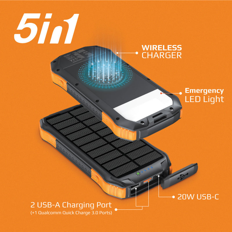 A rugged solar power bank with a built-in wireless charger, solar panel, multiple USB ports, and an emergency LED light.