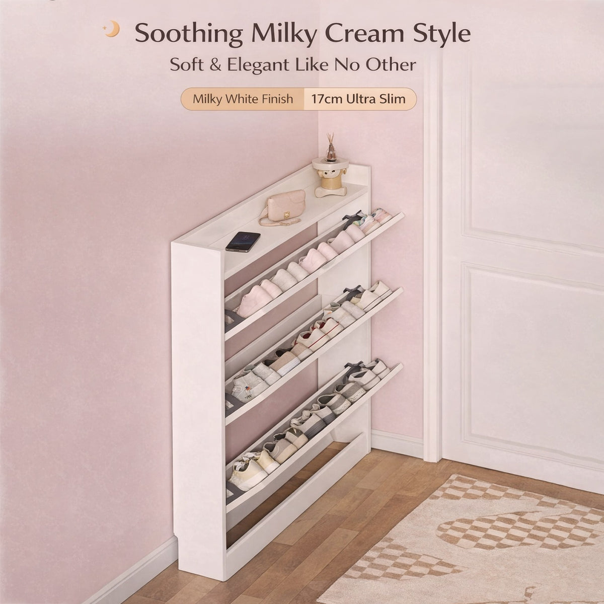 A slim shoe cabinet with flip drawers that neatly stores shoes while saving space, with a top surface for décor or essentials.