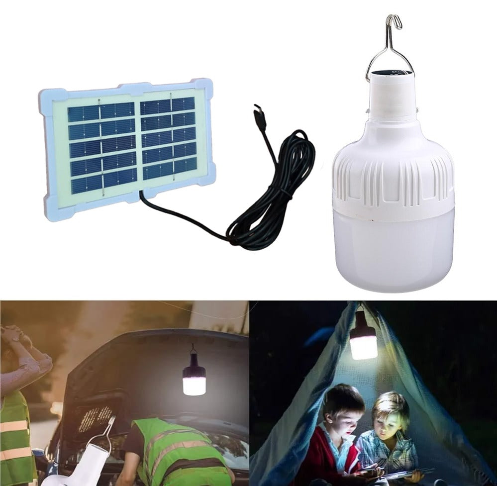 A solar rechargeable LED bulb used in multiple scenarios like camping also as work light.