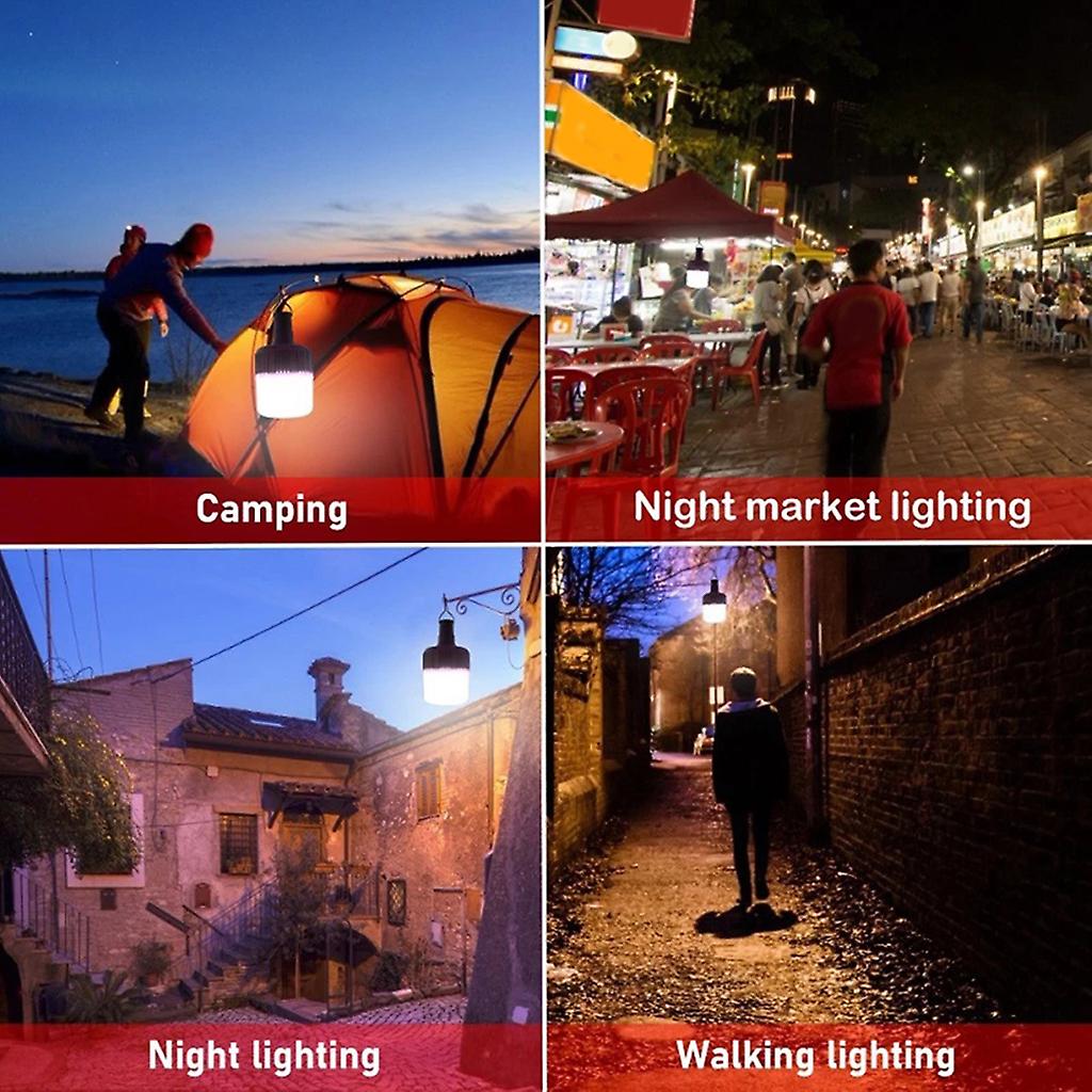 A solar rechargeable LED bulb used in multiple scenarios like camping, night markets, home lighting, and outdoor walking paths.