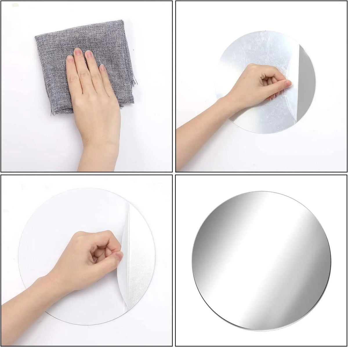 A collage featuring the process of peeling the protective layer from HD Self-Adhesive Acrylic Mirror Tiles