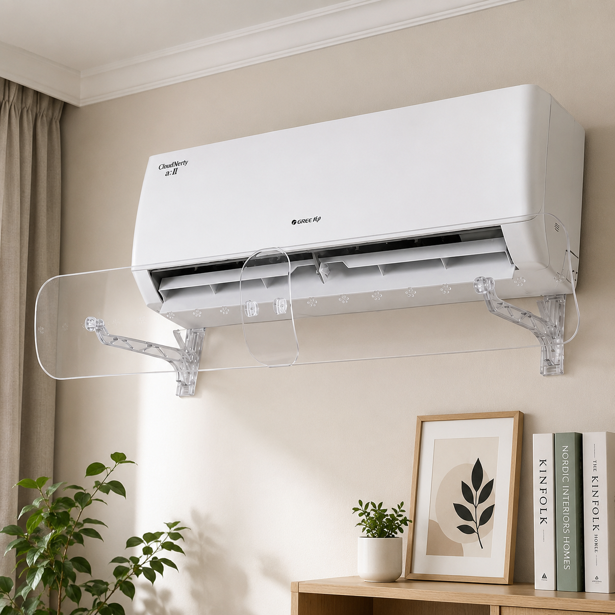 White air conditioner with Adjustable A/C Air Deflector mounted on a beige wall with a plant and books in the foreground.