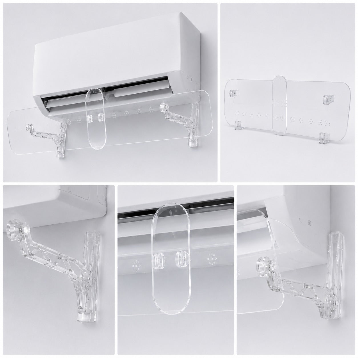 Collage of a Adjustable A/C Air Deflector with clear plastic covers on a white background