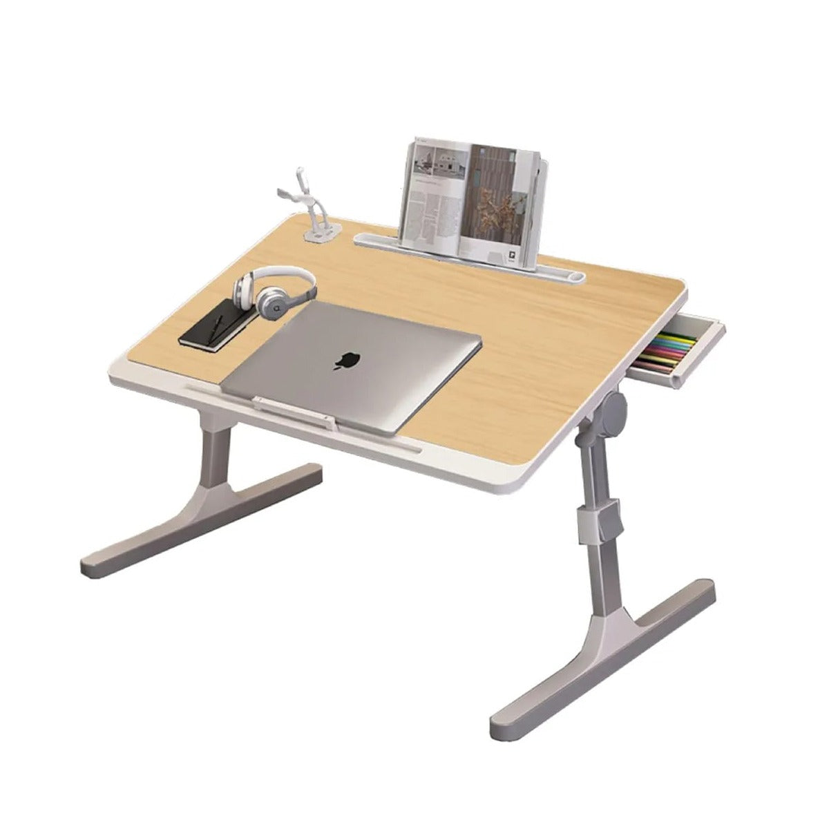 Laptop, headset, and book neatly arranged on the Adjustable Bed Laptop Table – a Foldable Lifting Desk for a versatile and comfortable works