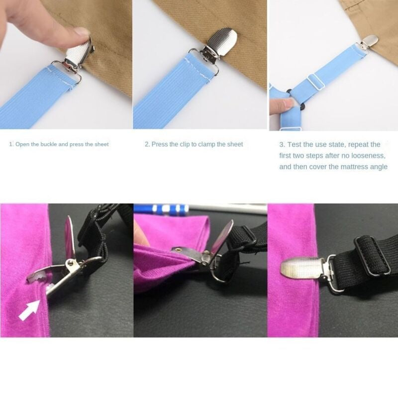 steps to use Triangle Elastic Suspenders with Gripper Clips for Bedsheets, Mattresses