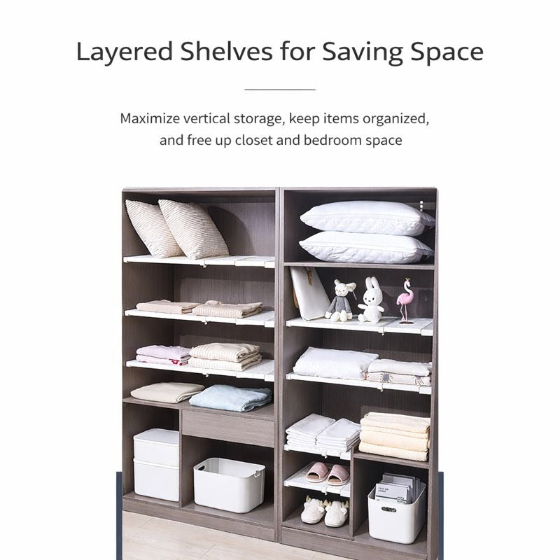 Adjustable Cabinet Shelf Divider Organizers are Installed Inside Wardrobe and Clothes are Organized in it.