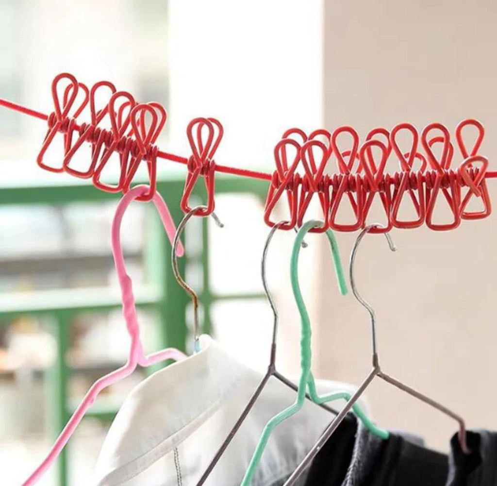 Adjustable Clothes Drying Rope with 12 Windproof Clips, Portable Laundry Line Hooks Adjustable Clothes Drying Rope with 12 Windproof Clips, Portable Laundry Line Hooks