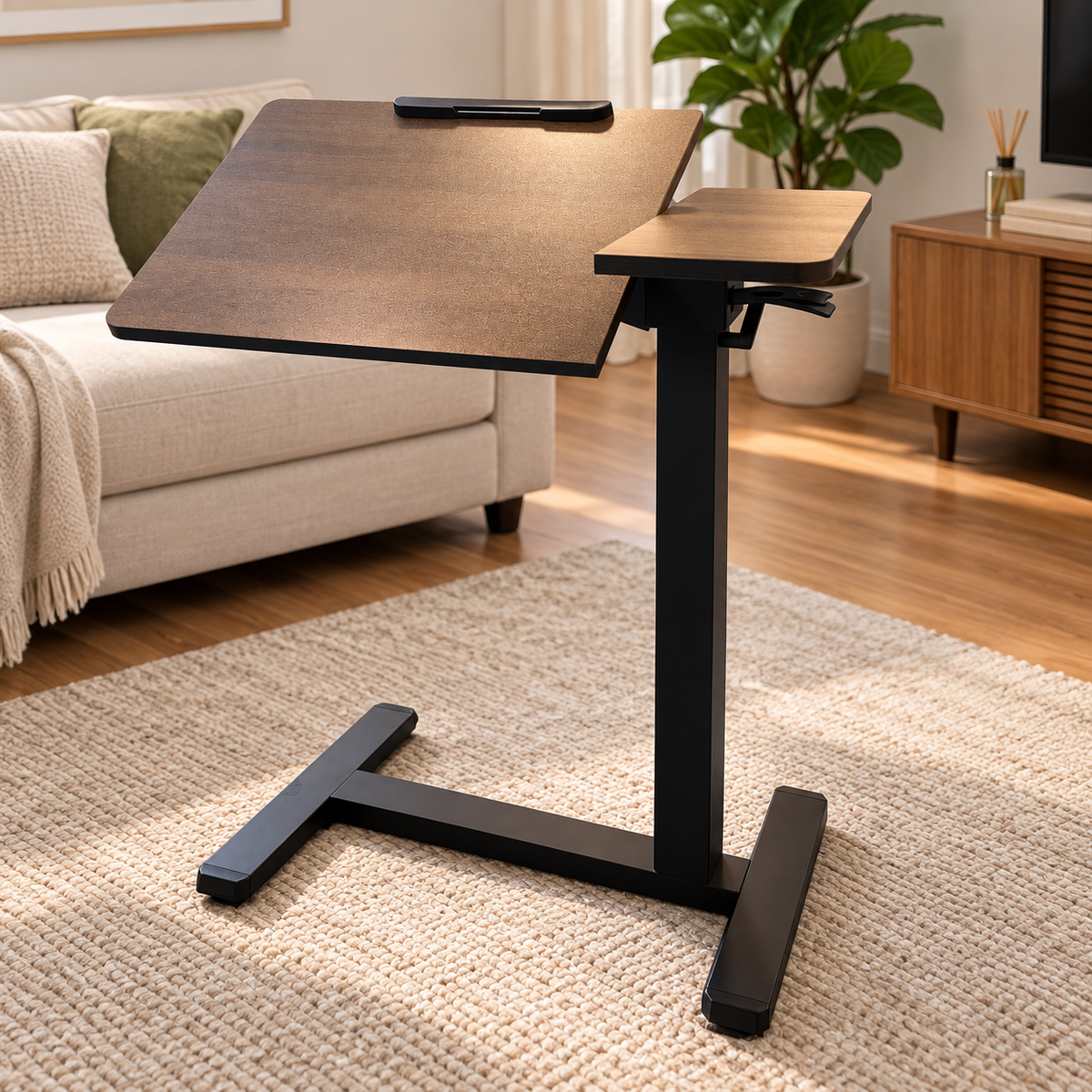 A height-adjustable laptop desk with a dark wood-grain top and black metal T-style base, shown in a modern living room setting on a textured rug.