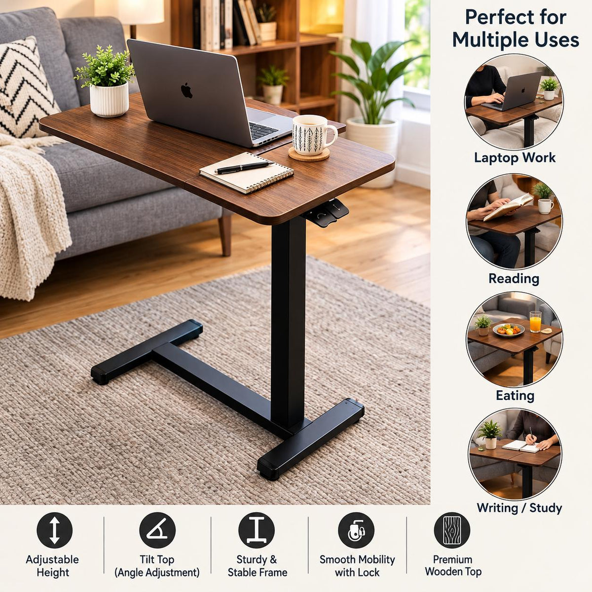 A laptop desk with a dark brown wooden top and a black metal frame, shown in a living room setting with a laptop on top. The right side of the image features a vertical infographic with text and circular images demonstrating the desk's features and uses, including 'Laptop Work', 'Reading', 'Eating', and 'Writing / Study'.