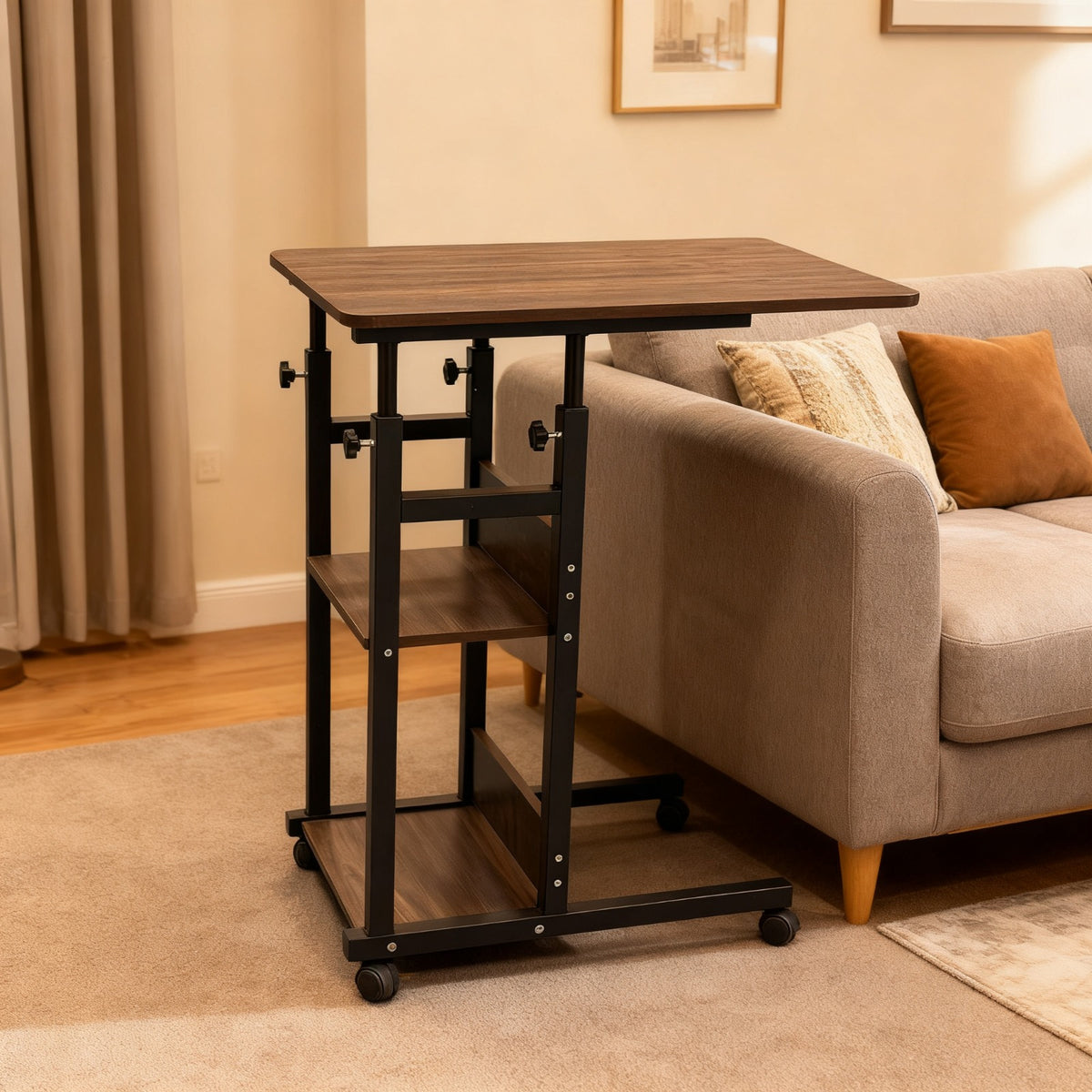 Adjustable Overbed Laptop Table in a living room setting with a sofa and cushions.