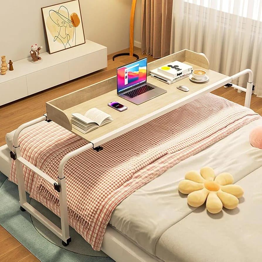 Wood Adjustable Overbed Table is Placed Above Bed.