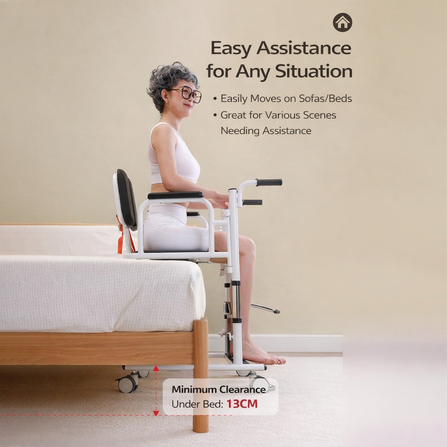 A Person is Sitting on a Adjustable Patient Lift Transfer Chair Above Bed.